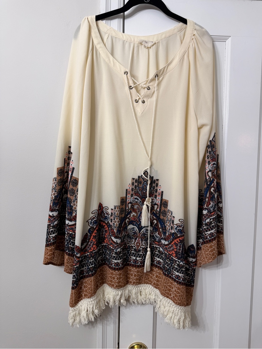 Boho Lace-Up Tassel Dress in Cream with Paisley Border